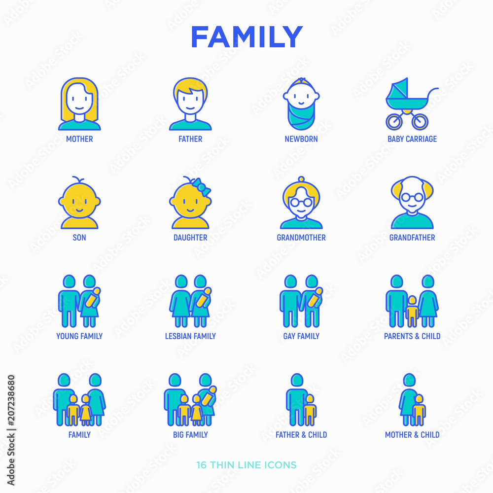 Family thin line icons set: mother, father, newborn, son, daughter, lesbian, gay, single mother and child, grandmother, grandfather. Modern vector illustration. Family thin line icons set: mother, father, newborn, son, daughter, lesbian, gay, single mother and child, grandmother, grandfather. Modern vector illustration.