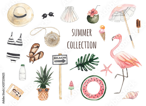 Summer beach set. Hat, sunglasses, ice cream, cocktail, flamingo, magazine, swimsuit, seashells, starfish. Watercolor illustration on white isolated background