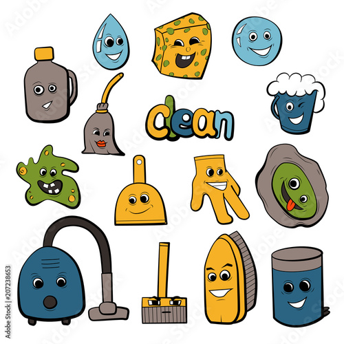 Cartoon objects for clean up. Set of cute badges vector illustration.