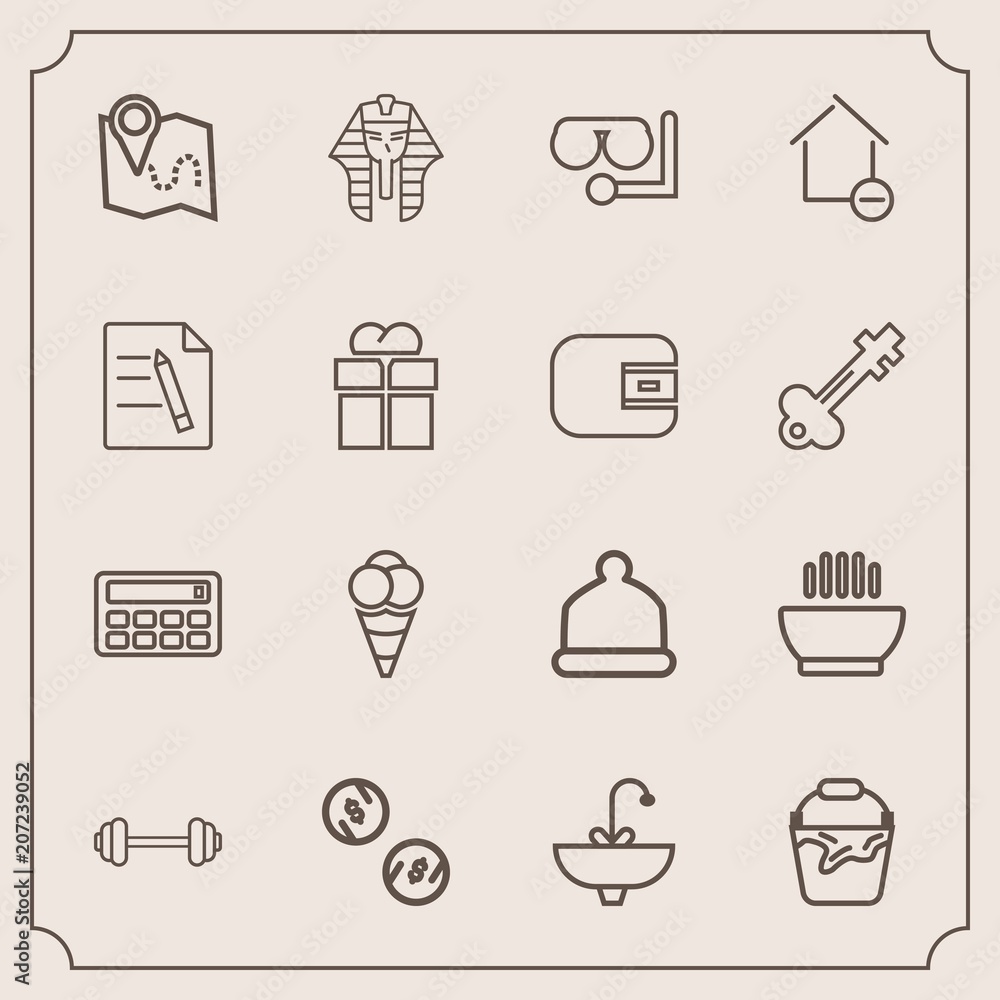 Modern, simple vector icon set with mask, faucet, handle, food, gym, glass, money, pin, culture, egypt, pharaoh, sea, dish, fashion, travel, ancient, location, cream, bathroom, ball, exercise icons Modern, simple vector icon set with mask, faucet, handle, food, gym, glass, money, pin, culture, egypt, pharaoh, sea, dish, fashion, travel, ancient, location, cream, bathroom, ball, exercise icons