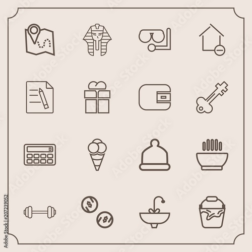 Modern, simple vector icon set with mask, faucet, handle, food, gym, glass, money, pin, culture, egypt, pharaoh, sea, dish, fashion, travel, ancient, location, cream, bathroom, ball, exercise icons