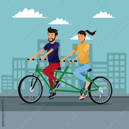 Couple riding a double bike at city vector illustration graphic design