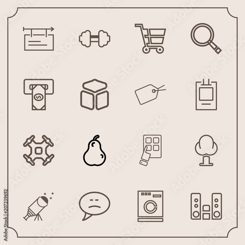 Modern, simple vector icon set with tree, mobile, housework, drone, audio, control, bubble, player, machine, exercise, device, trolley, workout, gym, star, sky, sound, astronomy, fitness, aerial icons