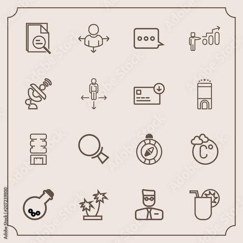 Modern, simple vector icon set with tool, laboratory, progress, find, temperature, cocktail, personal, thermometer, compass, glass, fahrenheit, satellite, juice, white, north, road, technology icons