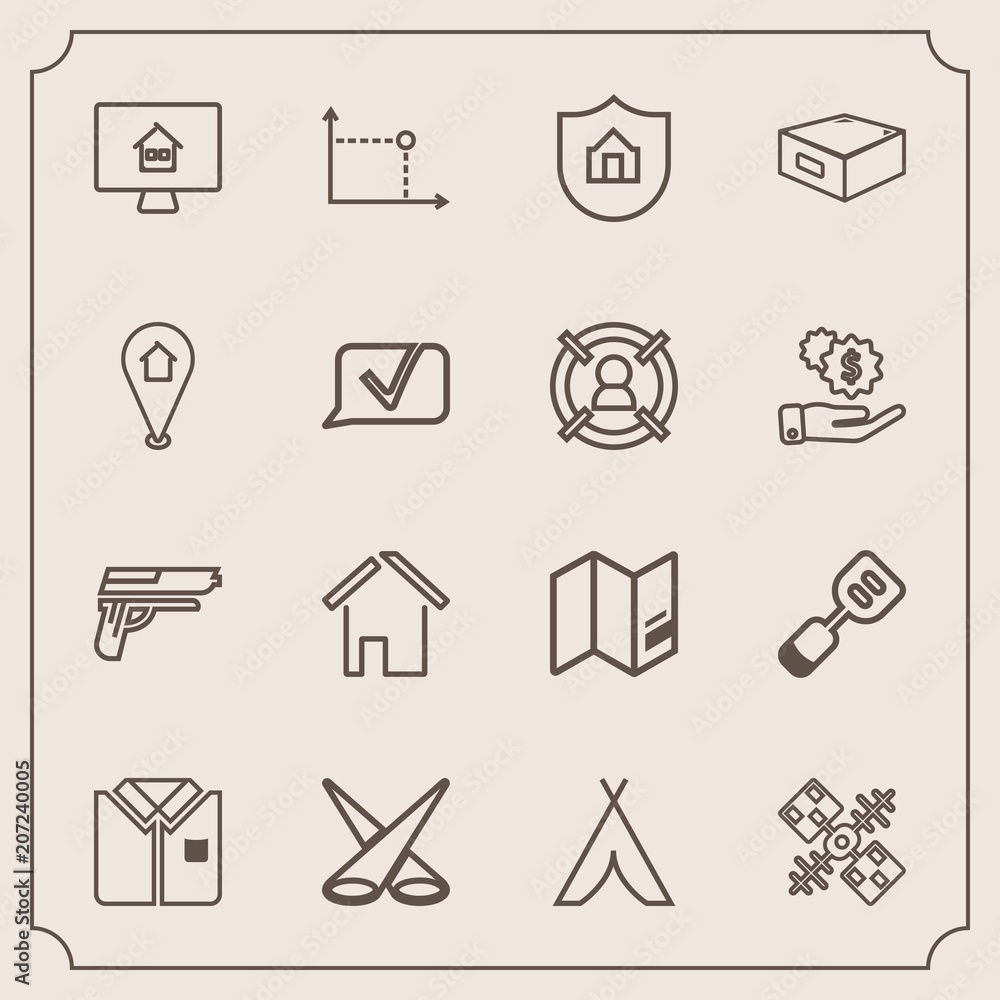 Modern, simple vector icon set with architecture, protection, real, house, tent, handgun, camp, shirt, white, scene, map, satellite, technology, firearm, tool, geometry, global, tshirt, protect icons Modern, simple vector icon set with architecture, protection, real, house, tent, handgun, camp, shirt, white, scene, map, satellite, technology, firearm, tool, geometry, global, tshirt, protect icons