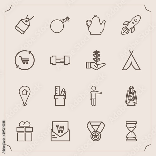 Fototapeta Naklejka Na Ścianę i Meble -  Modern, simple vector icon set with list, box, sand, equipment, travel, weapon, paper, hour, stationery, hourglass, receipt, success, win, lantern, gift, prize, bill, location, showing, clock icons