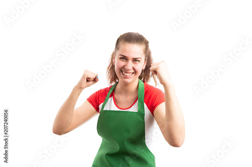 Successful woman supermarket employee or storekeeper.