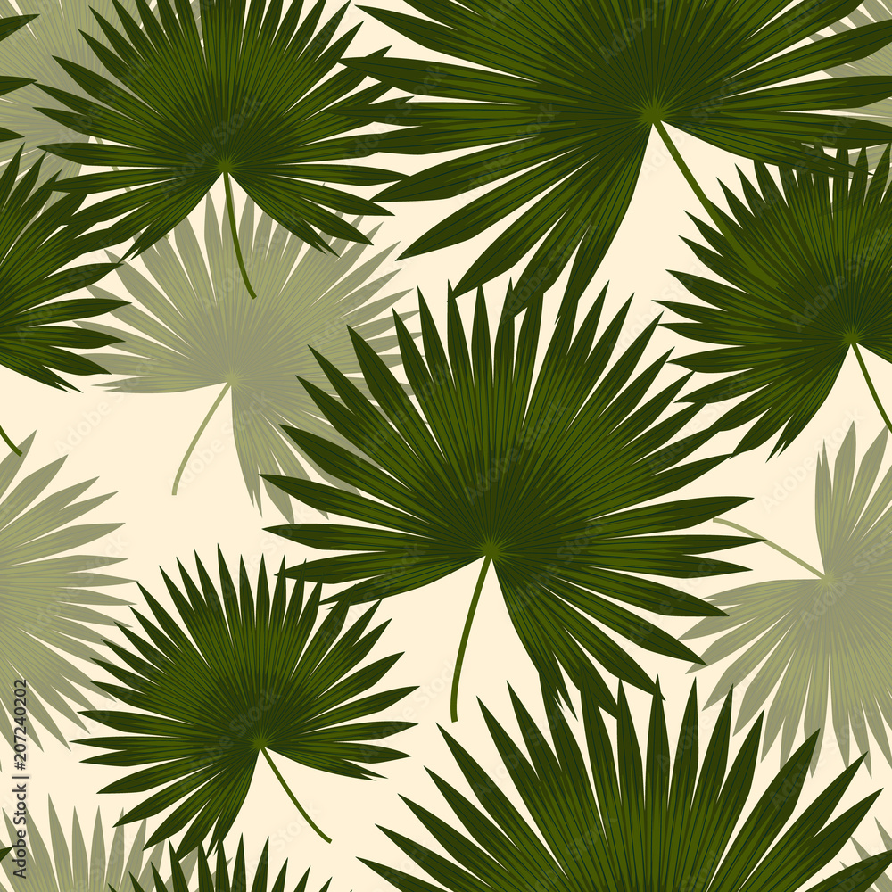 Seamless pattern fan palm leaf tropical leaves on Pale yellow color background.printing wallpaper.vector illustration Seamless pattern fan palm leaf tropical leaves on Pale yellow color background.printing wallpaper.vector illustration