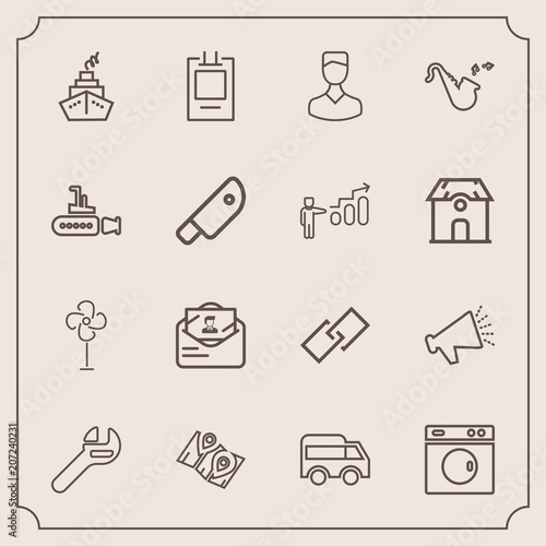 Modern, simple vector icon set with pin, washer, jazz, clean, location, equipment, profile, loudspeaker, post, tool, bus, laundry, fan, road, machine, envelope, sound, web, label, speaker, mail icons