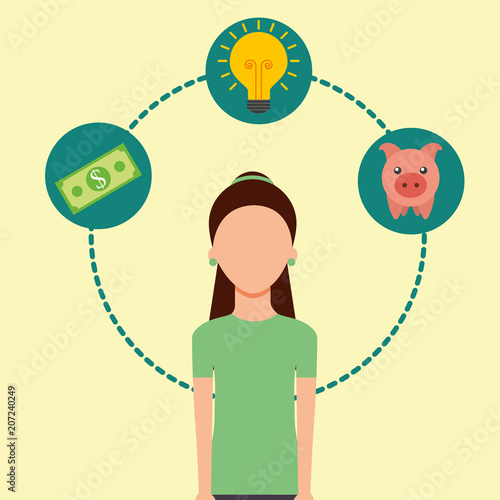 woman banknote piggy bank and idea saving money vector illustration
