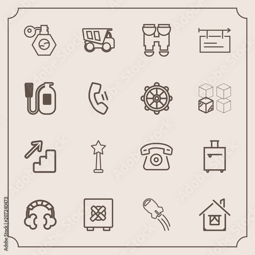 Modern, simple vector icon set with building, optical, bottle, technology, down, home, tipper, space, mobile, sound, luggage, craft, music, house, success, downstairs, trip, architecture, pump icons