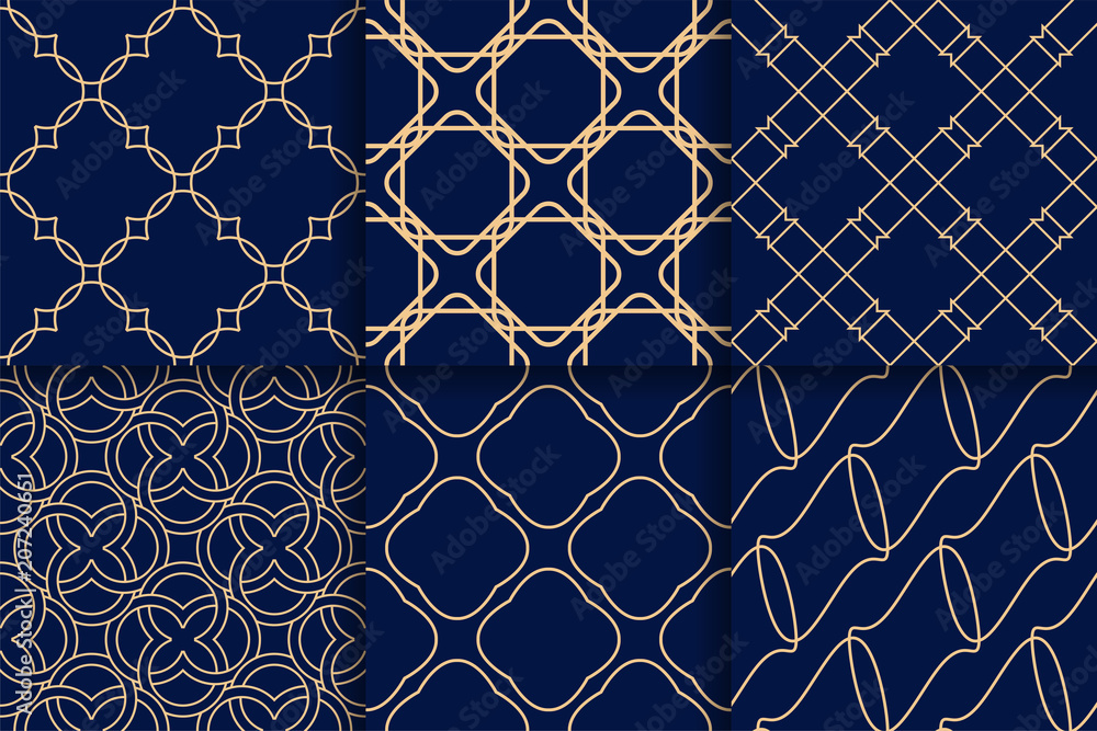 Naklejka premium Golden geometric seamless patterns on blue backgrounds