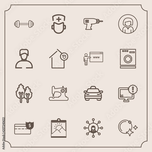 Modern, simple vector icon set with technology, cash, warning, monitor, craft, medicine, nature, picture, fashion, taxi, landscape, exercise, medical, star, coin, internet, business, surgeon icons
