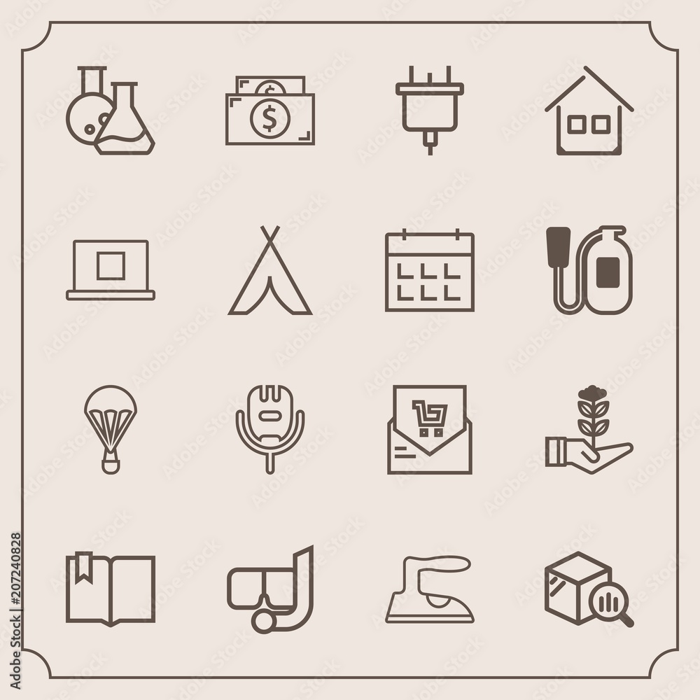 Modern, simple vector icon set with microphone, iron, snorkel, list, sky, money, voice, trend, sea, equipment, laboratory, growth, tool, domestic, nature, clothes, ironing, jump, supermarket icons