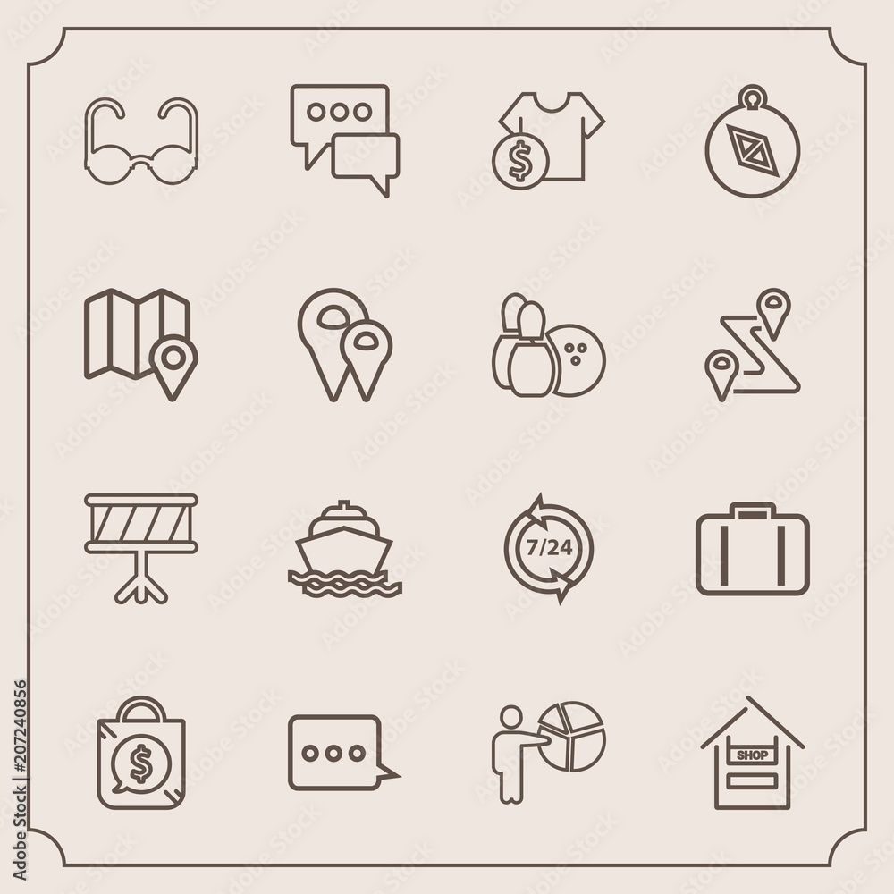 Modern, simple vector icon set with service, drum, operator, tag, boat, fashion, sound, luggage, price, customer, instrument, compass, travel, supermarket, musical, sun, store, speech, cart, bag icons