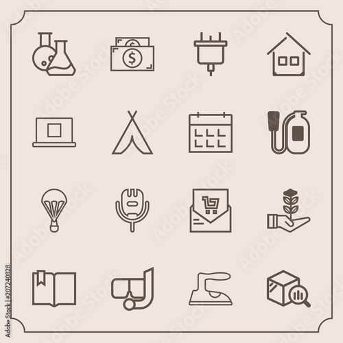 Modern, simple vector icon set with microphone, iron, snorkel, list, sky, money, voice, trend, sea, equipment, laboratory, growth, tool, domestic, nature, clothes, ironing, jump, supermarket icons