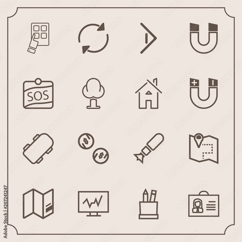 Fototapeta premium Modern, simple vector icon set with money, internet, field, currency, medical, education, magnetic, nuclear, travel, war, pencil, extreme, technology, location, doctor, skater, cash, diagnostic icons