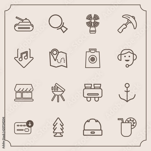 Modern, simple vector icon set with cooking, drink, bbq, hat, bag, find, nature, spy, money, head, war, business, army, nautical, white, summer, wheel, tree, glasses, shop, beacon, lighthouse icons photo