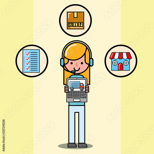 operator girl holding laptop logistic and delivery application vector illustration