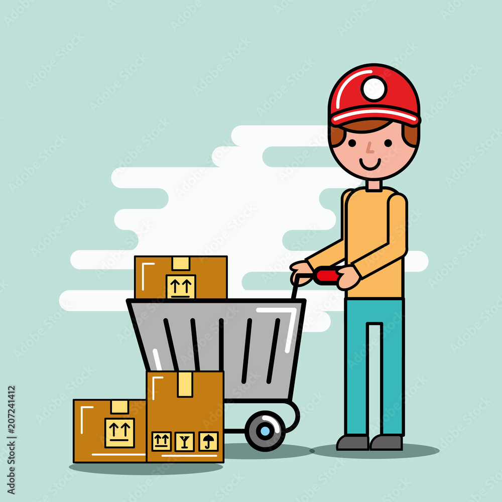 courier man and shopping cart with boxes logistic and delivery vector illustration courier man and shopping cart with boxes logistic and delivery vector illustration