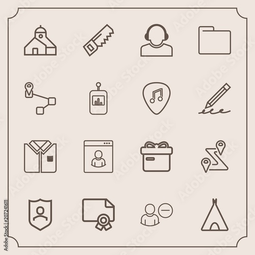 Modern, simple vector icon set with location, certificate, service, security, delete, diploma, present, outdoor, award, route, camp, user, hammer, account, map, support, sign, tshirt, road, tent icons