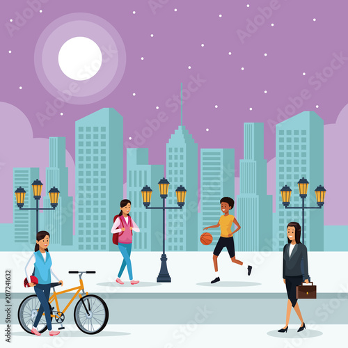 People in the park at night scenery vector illustration graphic design photo