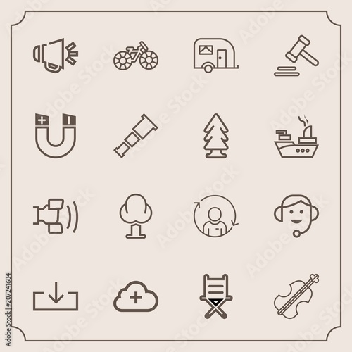 Modern, simple vector icon set with add, loud, armchair, quality, internet, wheel, profile, nature, van, refresh, music, headset, telephone, person, transportation, violoncello, tree, technology icons