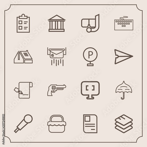Modern, simple vector icon set with umbrella, snorkel, grass, list, revolver, food, music, checklist, document, card, internet, sign, picnic, protection, pc, white, id, europe, information, gun icons