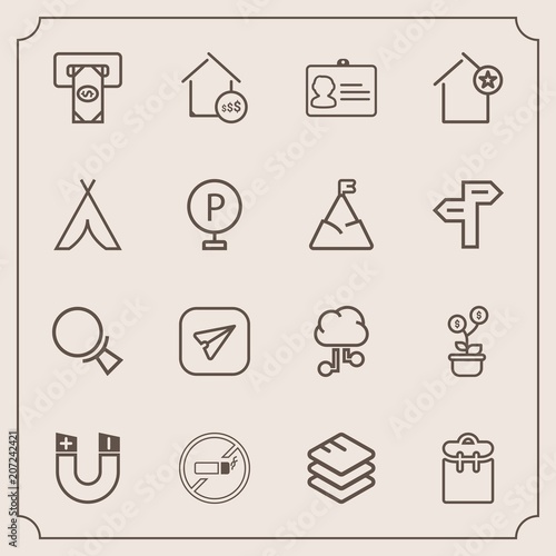 Modern, simple vector icon set with cigarette, identification, growth, real, home, machine, finance, internet, pole, house, estate, cloud, network, search, email, science, price, property, tree icons