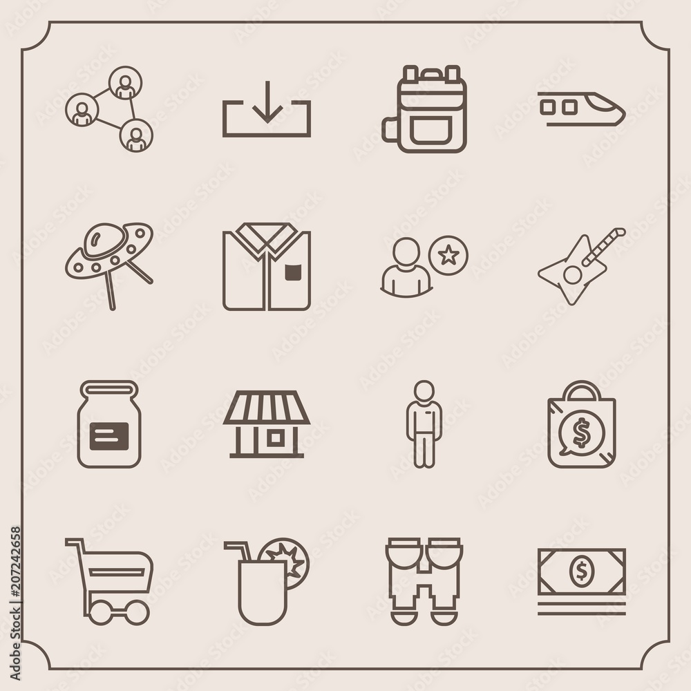 Modern, simple vector icon set with can, screen, cash, aluminum, price, web, container, display, juice, boy, travel, technology, trolley, bag, vision, coin, house, communication, rucksack, white icons