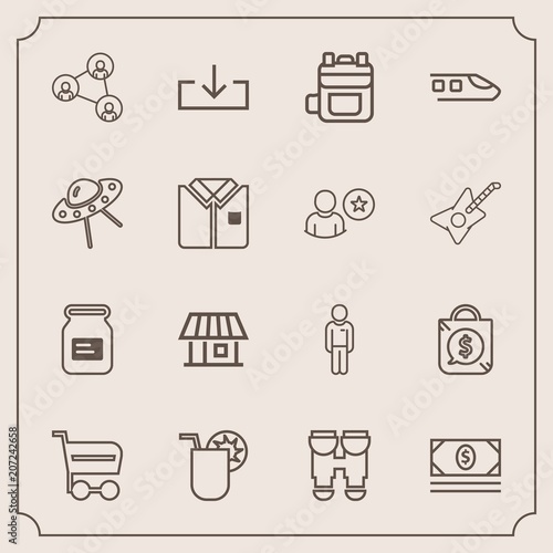 Modern, simple vector icon set with can, screen, cash, aluminum, price, web, container, display, juice, boy, travel, technology, trolley, bag, vision, coin, house, communication, rucksack, white icons