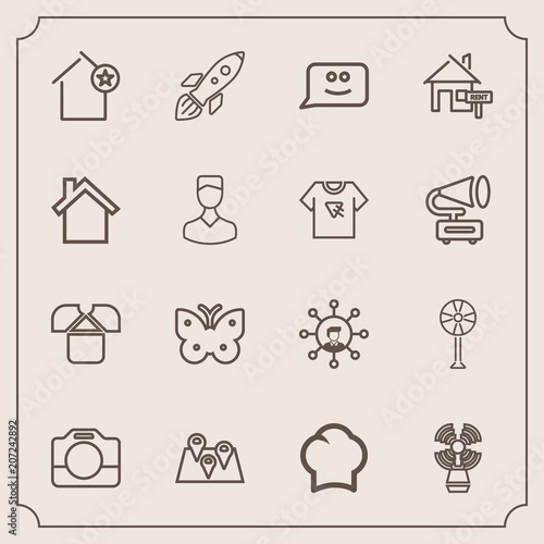 Modern, simple vector icon set with ventilator, space, lighthouse, wing, fan, pin, launch, nature, chat, tshirt, house, chef, chief, uniform, beacon, rocket, seamark, sea, communication, film icons