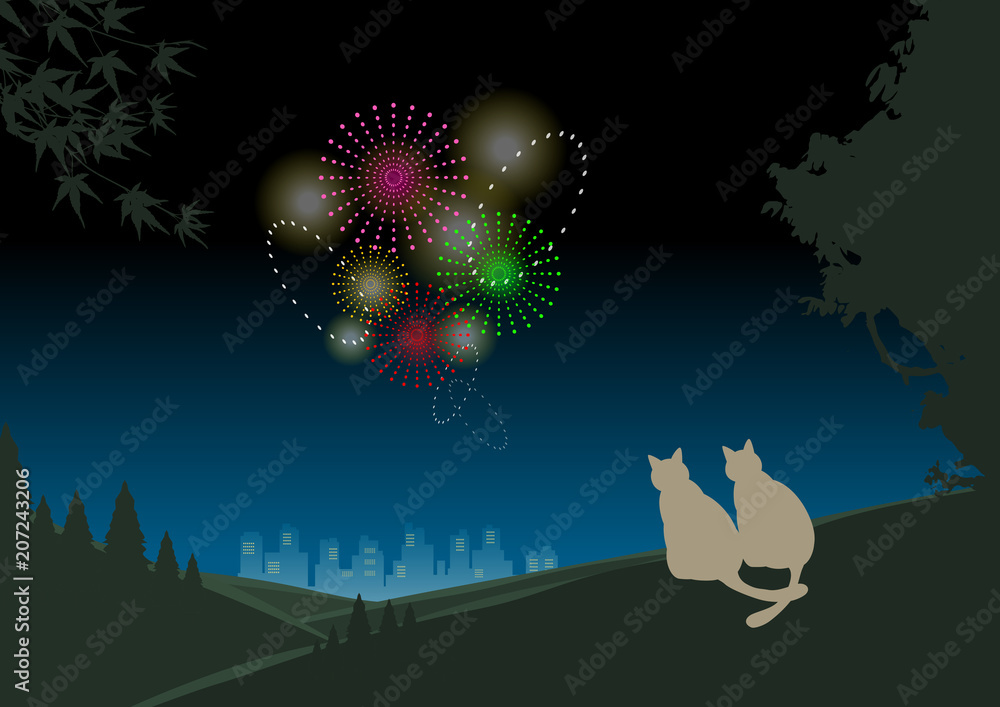 猫が街の花火を見ている Stock イラスト Adobe Stock