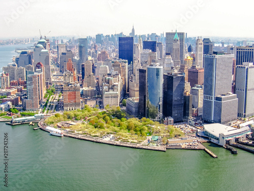 Helicopter flight on Manhattan Skyline in New York City of America.
