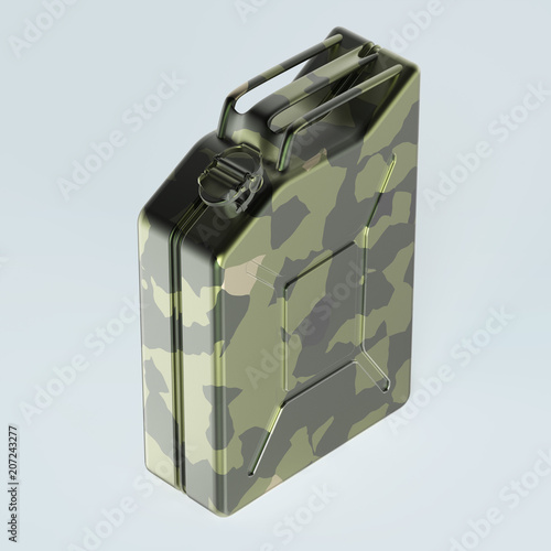 military camouflage metal jerry can fuel canister render isolated photo