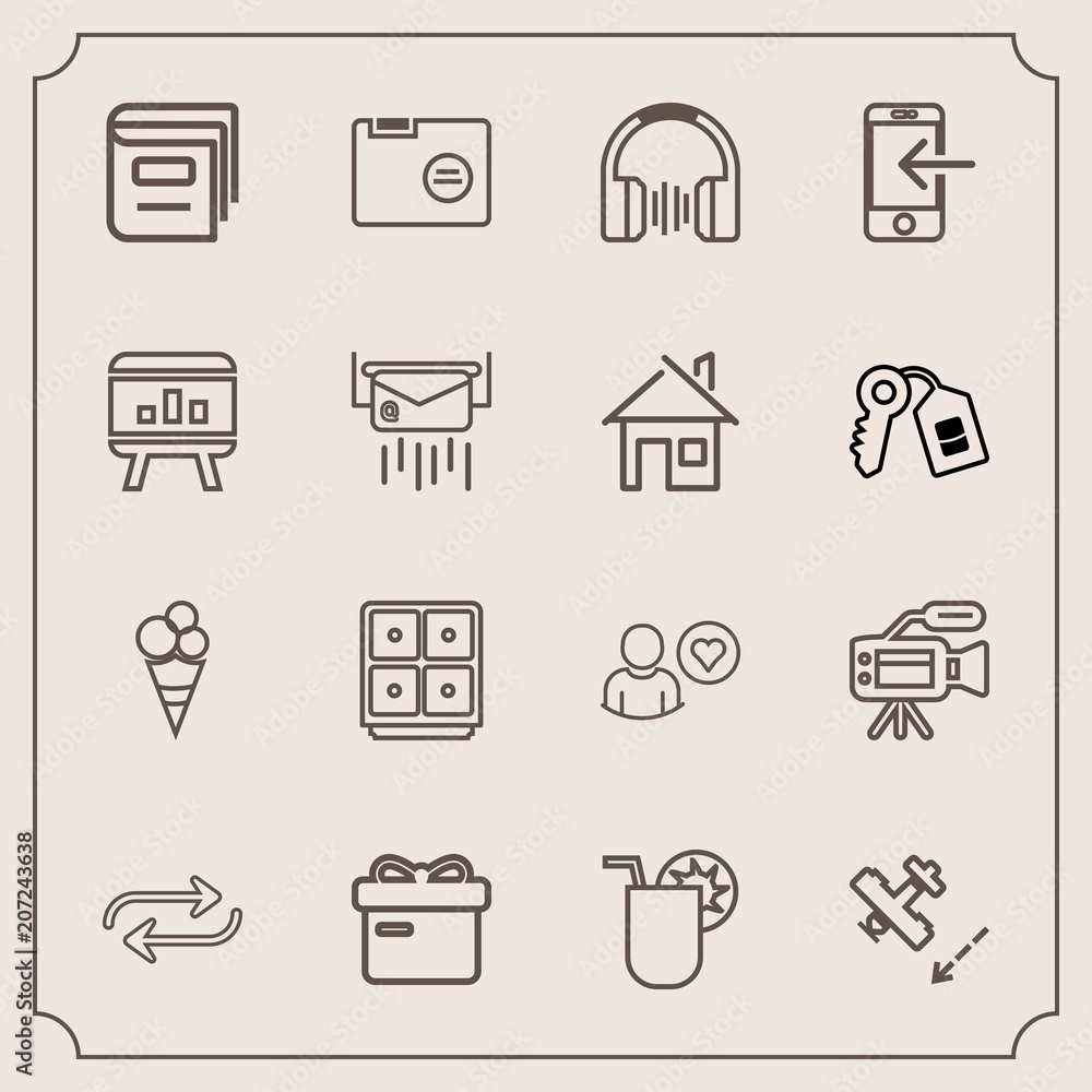Modern, simple vector icon set with flight, glass, box, education, online, money, holiday, audio, substitute, aircraft, file, sweet, cocktail, juice, safe, folder, tripod, paper, airplane, cream icons