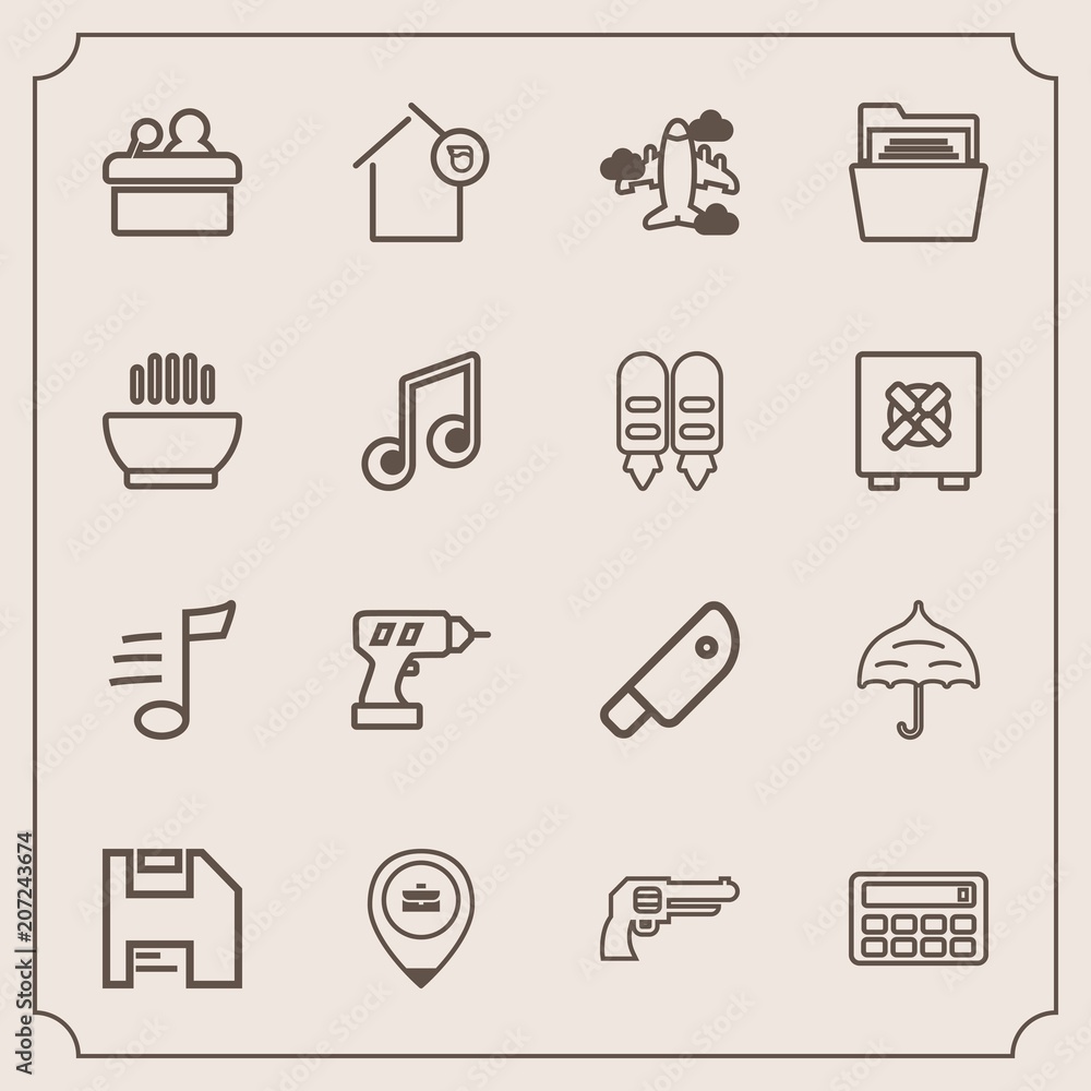 Modern, simple vector icon set with travel, cut, aircraft, melody, plane, house, weapon, meeting, conference, drill, button, open, knife, equipment, umbrella, flight, diskette, calculator, food icons Modern, simple vector icon set with travel, cut, aircraft, melody, plane, house, weapon, meeting, conference, drill, button, open, knife, equipment, umbrella, flight, diskette, calculator, food icons