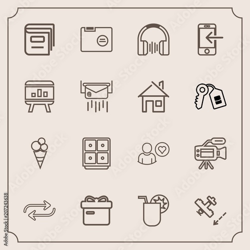 Modern, simple vector icon set with flight, glass, box, education, online, money, holiday, audio, substitute, aircraft, file, sweet, cocktail, juice, safe, folder, tripod, paper, airplane, cream icons