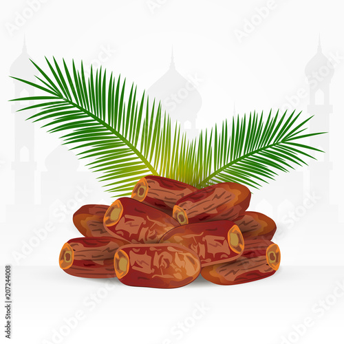 date fruits with palm leaves isolated on white background. ramadan iftar food