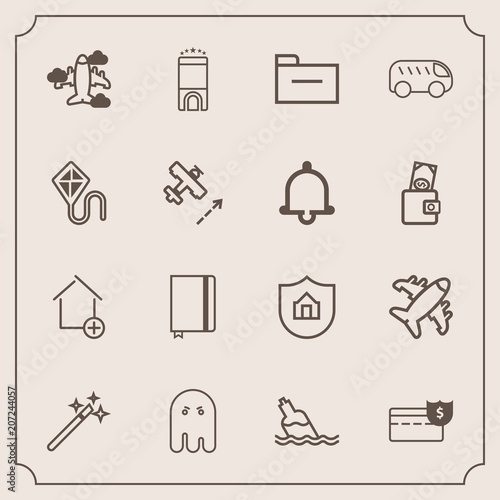 Modern, simple vector icon set with left, ghost, fear, file, plane, scary, protection, coin, magician, travel, bank, clean, storage, magic, cash, airplane, luxury, folder, direction, wand, money icons