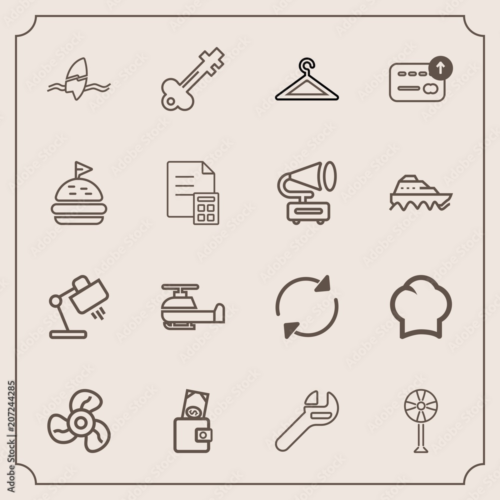 Modern, simple vector icon set with reload, surf, surfing, lock, shop, key,  food, chief, transportation, wallet, cook, ventilator, interior, cool,  uniform, tool, transport, fashion, home, money icons Stock Vector | Adobe  Stock