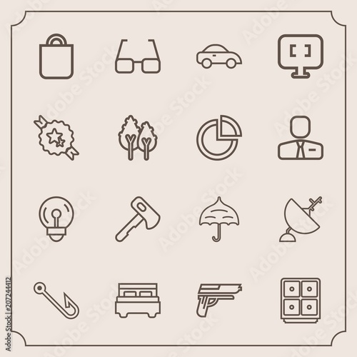 Modern, simple vector icon set with axe, eye, interior, construction, gift, screwdriver, bedroom, pistol, eyeglasses, satellite, bed, finance, open, fishing, bag, celebration, bank, antenna, rod icons