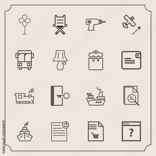 Modern, simple vector icon set with travel, list, web, unknown, machine, tool, supermarket, military, page, war, railway, door, contract, notebook, ventilator, ship, real, hand, , transportation icons