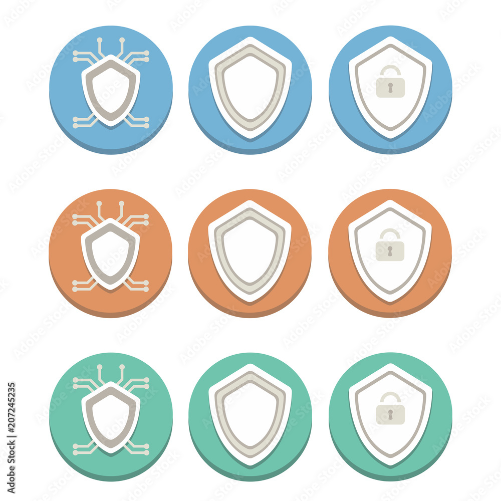 A set of antivirus icons with a shield of blue, brown and green A set of antivirus icons with a shield of blue, brown and green