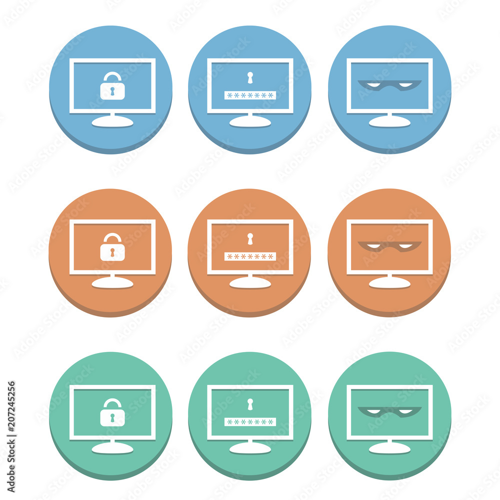 A set of icons of monitors with an antivirus system A set of icons of monitors with an antivirus system