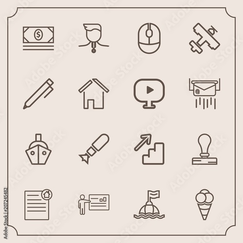Modern, simple vector icon set with downstairs, ship, bomb, medal, down, presentation, estate, sea, gold, meeting, dessert, coin, house, falling, water, life, war, real, stamp, weapon, buoy, up icons