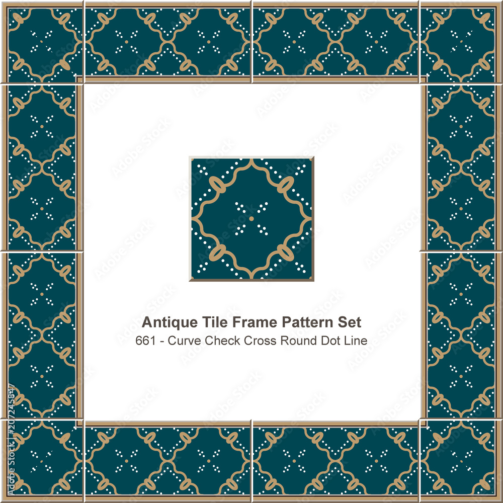 Naklejka premium Antique tile frame pattern set curve check cross round dot line