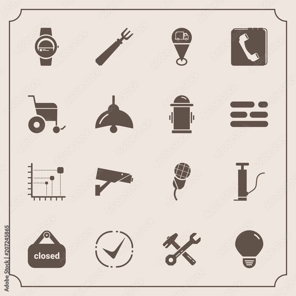 Modern, simple vector icon set with tool, fire, audio, wheelchair, pump, watch, hammer, gadget, check, equipment, store, lamp, phone, energy, electricity, dinner, banner, idea, light, safety icons Modern, simple vector icon set with tool, fire, audio, wheelchair, pump, watch, hammer, gadget, check, equipment, store, lamp, phone, energy, electricity, dinner, banner, idea, light, safety icons