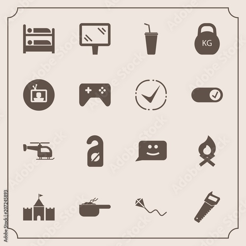 Modern, simple vector icon set with hotel, banner, weight, sign, heavy, flame, drink, screen, label, construction, joystick, saw, television, fun, tower, summer, juice, face, bonfire, pot, dish icons