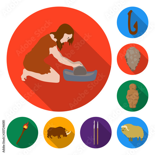 Life in the Stone Age flat icons in set collection for design. Ancient people vector symbol stock web illustration.